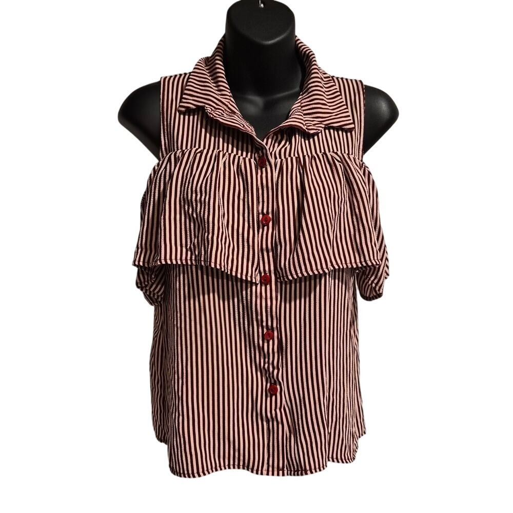 Burgundy Striped Cold Shoulder Ruffle Button Down Blouse Small